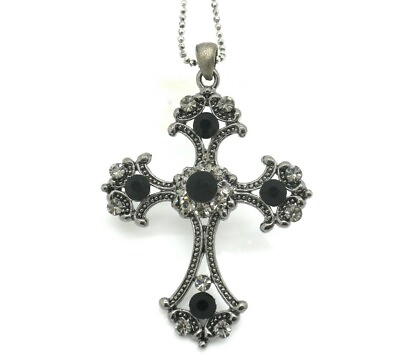 Black Cross Women Pendant Necklace Crystal DangleWhite Gold Plated New $17.97