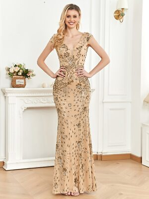 #ad NEW Evening Dress 2023 Women#x27;s Long Formal Sequin Sexy Deep V Neck