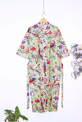 #ad Indian Cotton Women Kimono Bird Print Bathrobe Night Robe Kimono Nightwear