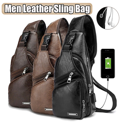 Men Leather Sling Bag Chest Shoulder Crossbody Backpack USB Charging Port Travel $7.69