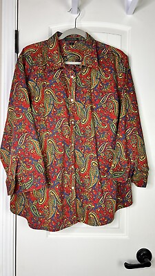 #ad Vintage Ralph Lauren Red Paisley Floral Button Down Shirt 3X Women’s Mob Wife