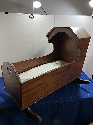 #ad vintage victorian large wood rocking Baby Cradle Bed Bassinet hand made