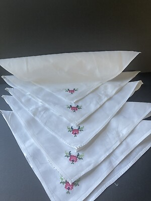 #ad Vintage Cotton Embroidered Floral Napkins White Set of 5 Flower