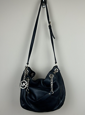 #ad Michael Kors Black Leather Slouchy Hobo Handbag Gold Hardware MK Logo