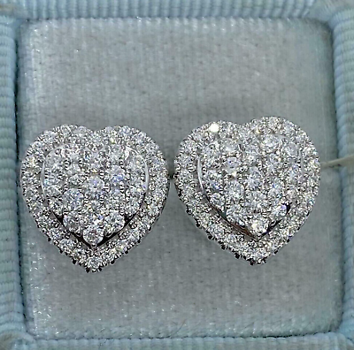 #ad 1.90 Ct Lab Created Moissanite Heart Shape Stud Earrings 14K White Gold Plated
