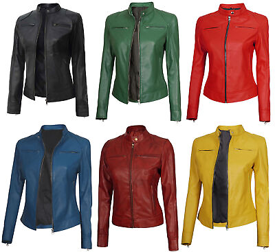 #ad Women#x27;s Soft Real Leather Jacket Slim Fit Biker Jacket USA