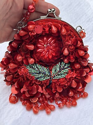 #ad Red Beaded Evening Bag Small Clutch Strap Sequin Party Sparkle Flower Fashion