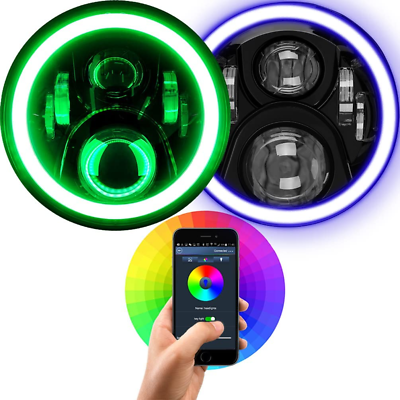 #ad 7 Inch LED Headlights RGB Halo Ring Angel Eyes 7” round Multicolor DRL B