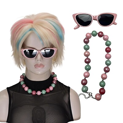 #ad Barbie Weird Movie Wig Short Set Blonde Necklace Sun Glasses Halloween Cosplay