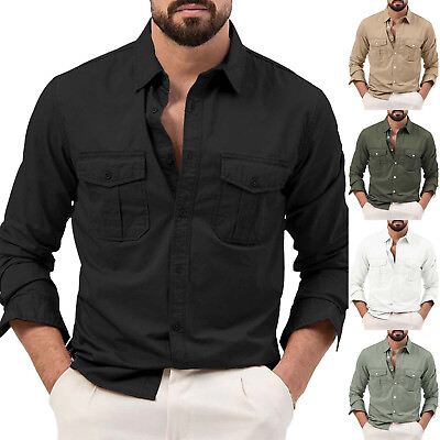 #ad Men#x27;s Spring Summer Shirt Casual Long Sleeved Lapel Solid Double Pockets Shirt