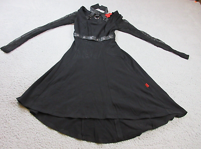 #ad Tripp NYC Dress Womens Extra Small Black Gothic Grunge Fishnet Sleeves Halter