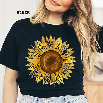 #ad Sunflower Love Joy Peace T Shirt Inspirational Womens Flower Graphic Tee S 3XL