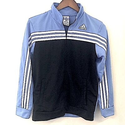 #ad Adidas blue and black jacket with white adidas stripes. Pockets. Zip front.