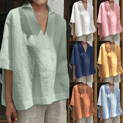 #ad Plus Size Women#x27;s Cotton Linen Blouse Tops Ladies Short Sleeve Casual T Shirt