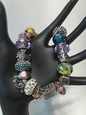 #ad Women#x27;s Slide Bracelet Loaded w 17 Assorted Glass Crystal Rhinestone Charms