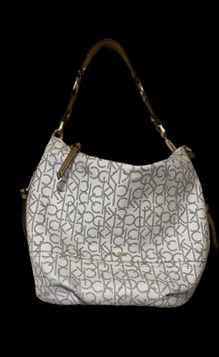 #ad Calvin Klein CK Almond White Hudson Monogram Hobo Shoulder Bag Medium Satchel