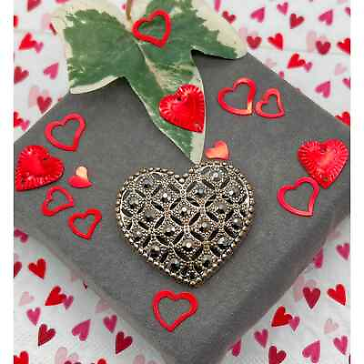 #ad Heart Shaped Brooch Pin Silver Tone with Smoky Colored Crystals 1.75 in