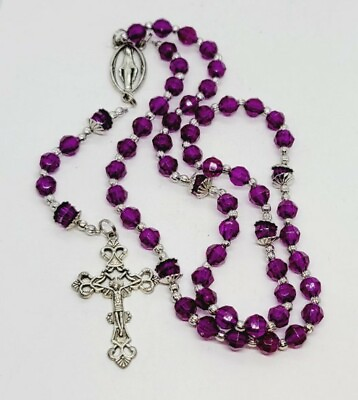 #ad Purple Beaded Rosary Silver Tone 15quot; Crucifix Cross †
