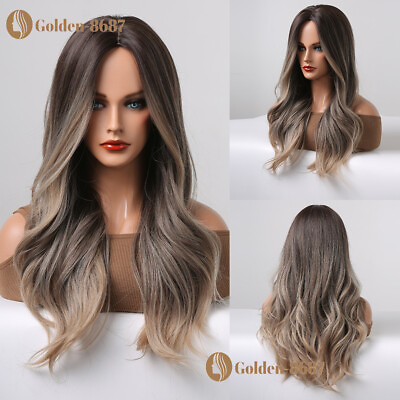 #ad Brown mixed Blonde Ombre Hair Wigs for Women Long Body Wave Wig with Highlights