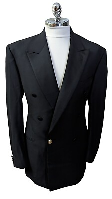 #ad Lubiam LBM 1911 Black Tuxedo Dinner Jacket Double Breasted Satin Peak Lapel 44 L