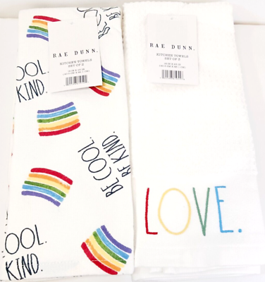 #ad Rae Dunn Kitchen Towels Set of 5 Be Cool Be Kind And Love New