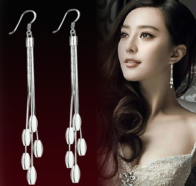 #ad New Design Fashion Women Silver Tone Long Drop Tassel Earrings Gift Box A14