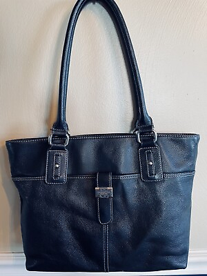 #ad TIGNANELLO Black Pebbled Leather Double Handle Purse Hand Bag Pockets Large