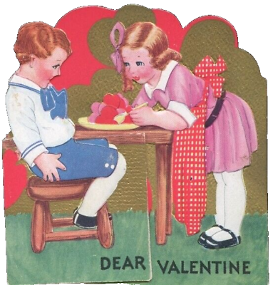 #ad Vintage Valentine Card Girl Feeding Hearts Boy Never Make Advances Chances 1930s