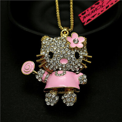 #ad Fashion Women Crystal Pink Enamel Lollipop Flower Cat Kitten Pendant Necklace