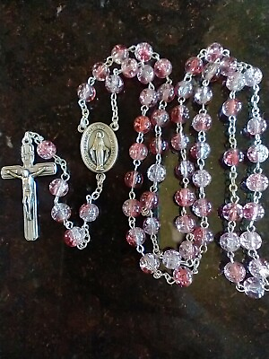 #ad Beautiful Catholic Pink and Lavendar Crackle Glass Rosary