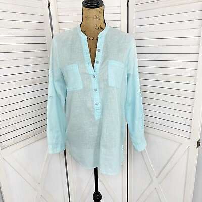 #ad Old Navy Vintage Linen Tunic Shirt Women Small Aqua Blue Half Button Pullover