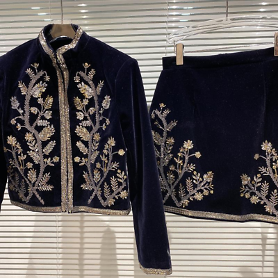 #ad 2022 Velvet Suit Women JacketMini Skirt Vintage Beading Crystal Embroidery Set