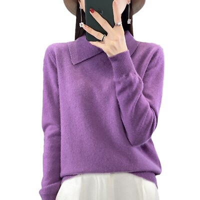 #ad 100% Wool Knitted Womens Lapel Neck Pullover Slim Fit Cashmere Sweaters Jumper