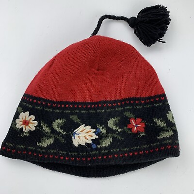 #ad Floral Beanie Womens Cap Hat Fitted One Size Red Black Flowers Knit