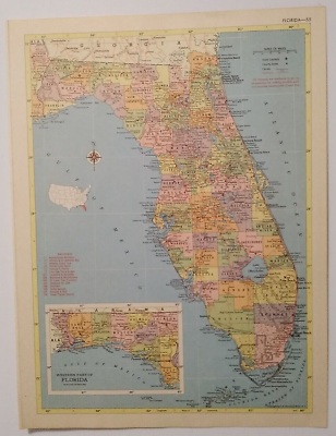 #ad 1956 Antique FLORIDA Atlas Map Vintage Hammond#x27;s Family Reference World Atlas