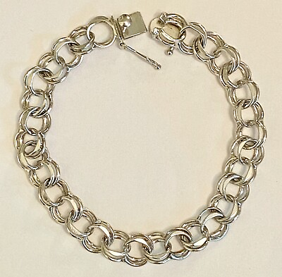 #ad ❤️Sterling Silver Heavy Double Curb Charm Bracelet 7½quot; Vintage 13.7g EUC Box❤️