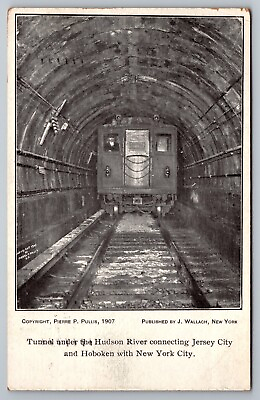 #ad Hudson River Tunnel Hoboken to New York City postcard. Featuring Train.