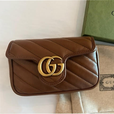 #ad Gucci GG Marmon Azalea Brown Crossbody Handbag Leather Shoulder Bag Chain Strap
