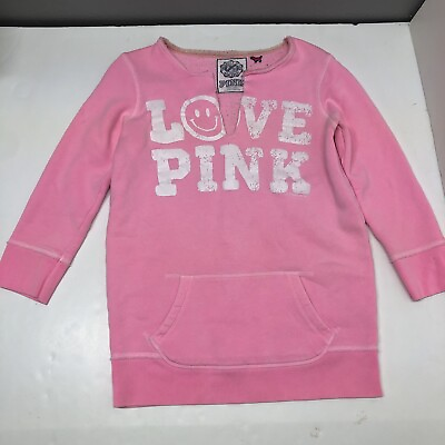 #ad Pink Victoria’s Secret Sweatshirt Sz S V Neck Love Pink 3 4 Sleeve Raw Edge Neck