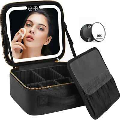 #ad Travel Makeup Bag With LED Lighted Make Up Case With Mirror Setting Cosmetic