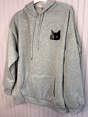 #ad Boutique Womens CAT HOODIE 4X Black Kitty Gray Graphics Pocket Generous NEW