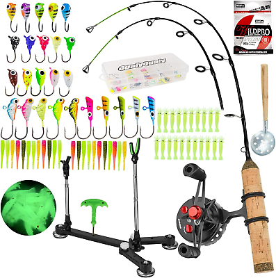 #ad Ice Fishing Rod Reel Combo Complete Set Ice Fishing Gear with Backpack Seat Ice