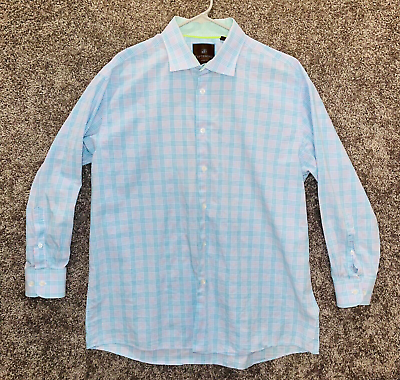 #ad Tattersall Mens 17.5 Baby Blue Shirt Plaid Checks Long Sleeve