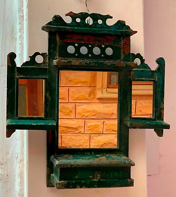 #ad Green painted wooden dressing mirror frame antique wall hanging distressed decor