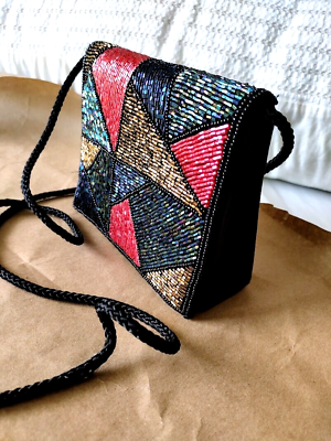 #ad Vintage Clutch Evening Bag Purse Beaded Magnetic Snap Black Taffeta Interior
