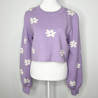 #ad Blue Blush Purple amp; White Retro Flower Power Floral Cropped Knit Sweater Sz M