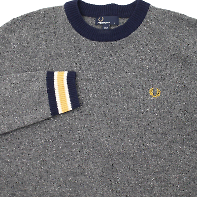 #ad Fred Perry Sweater Mens Large Crew Neck Knit contrast trim Pullover Gray wool