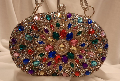 #ad HB012 Jeweled Clutch Bag Multi Color Rhinestone Clasp Sparkle Handle
