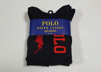 #ad Polo Mens Ralph Lauren 6 Pair Crew Socks Classic Sport Black Red Size 6 12.5