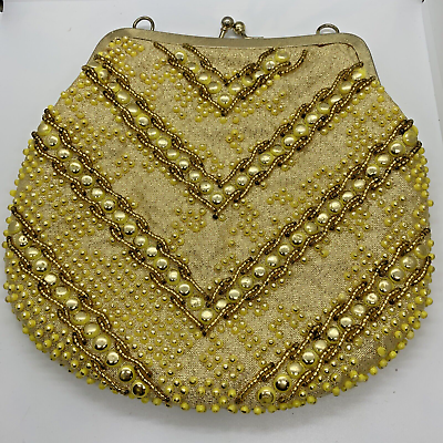 #ad Vintage Gold Beaded Evening Clutch Bag Purse Clasp 6quot; Missing Strap